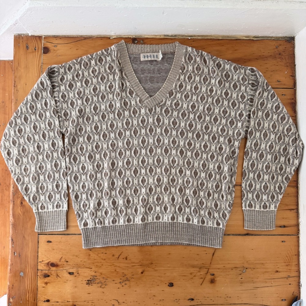 90s Chronicles V-Neck Sweater Mens L Vintage Geometric‎ Knit Cotton Grandpacore
